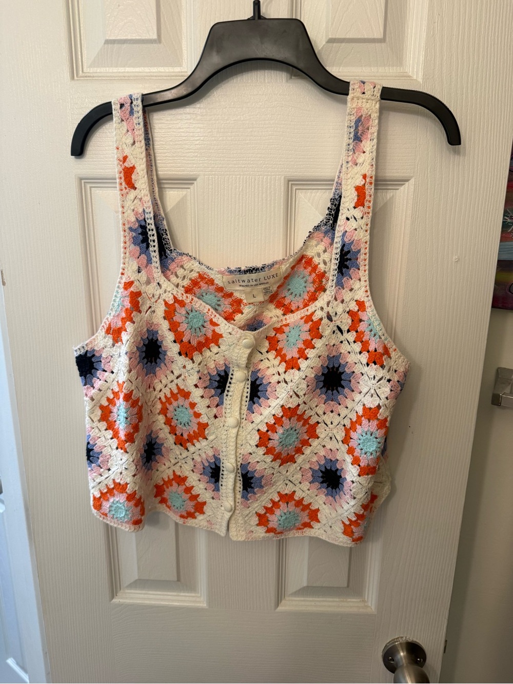 Saltwater Luxe White Crochet Button-Front Tank with Multi Color Accents